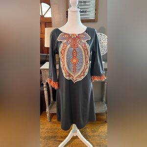 Missy Robertson Embroidered Fringe Sleeve Shift Dress | Gray & Orange | Size M